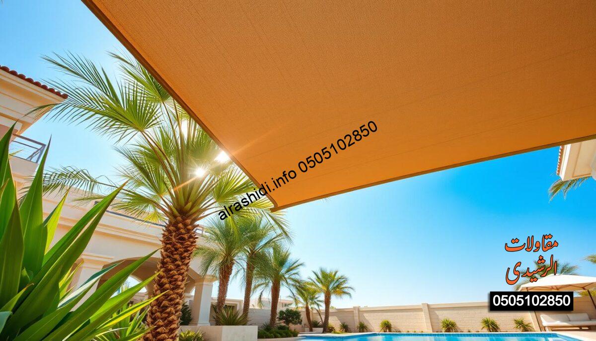 A vibrant outdoor setting showcasing an elegant residential garden and a luxurious swimming pool area in Riyadh. The foreground features a beautifully crafted retractable shade structure, providing shelter from the sun, with intricate designs and color patterns that blend harmoniously with the natural surroundings. In the middle ground, lush green plants and palm trees complement the space, enhancing the serene atmosphere. Soft, warm sunlight filters through the shade, creating dappled light effects on the pool's surface. The background captures a clear blue sky, evoking a sense of tranquility and leisure. This scene should convey a mood of relaxation and sophistication, perfect for highlighting the services of a shading solutions company. Ensure there are no people in the image, focusing solely on the products and the environment.