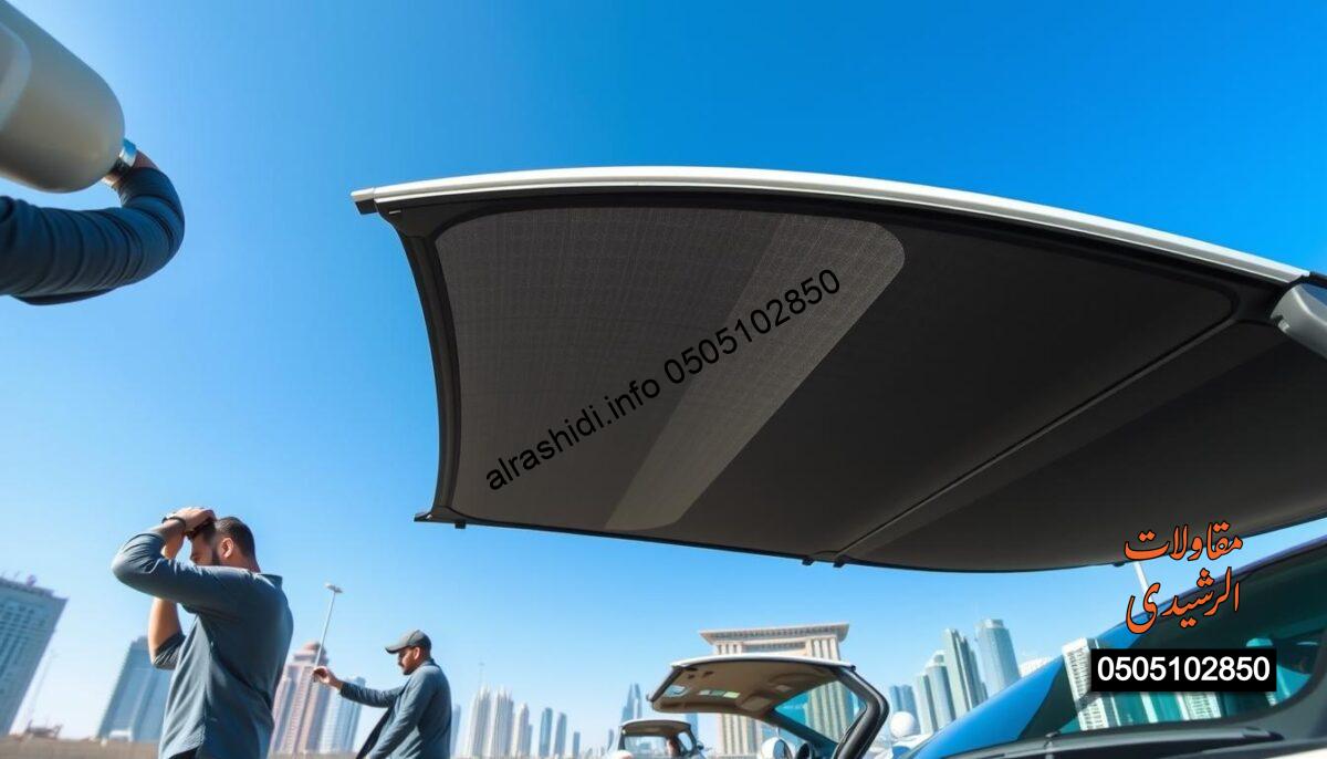 A vibrant scene showcasing a professional team installing car shades in Riyadh, reflecting the essence of quick same-day installation. In the foreground, workers in smart casual attire are actively assembling and securing the car shades. The middle ground features several fully installed, modern car shades providing ample protection against the sun. In the background, a clear blue Riyadh sky and iconic buildings can be seen, indicating the urban environment. The lighting is bright and sunny, enhancing the professionalism and efficiency of the team. Capture this dynamic atmosphere from a slightly elevated viewpoint, showcasing both the installation process and the completed shades against the city backdrop.