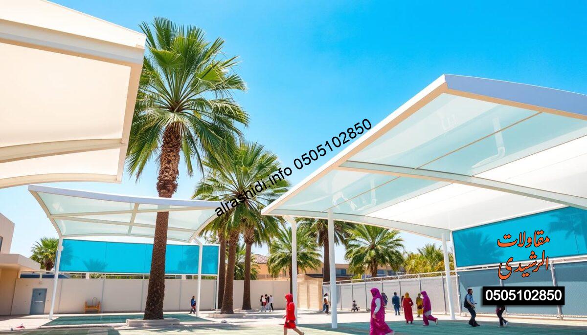 A vibrant scene showcasing polycarbonate (Lexan) canopies installed over school playgrounds and walkways in East Riyadh. In the foreground, several large and elegantly designed canopies provide shade, made from translucent Lexan with a modern, geometric structure. The canopies display various shades of light blue and white, reflecting the sun's rays. In the middle ground, children engage in outdoor activities under the protection of the canopies, all dressed in casual, modest clothing. The background features a clear blue sky and a few palm trees swaying gently in the breeze, enhancing the atmosphere of a sunny, inviting day. The scene is well-lit, creating a positivity-filled and cheerful mood, captured with a wide-angle lens to include ample detail. A vibrant scene showcasing polycarbonate (Lexan) canopies installed over school playgrounds and walkways in East Riyadh. In the foreground, several large and elegantly designed canopies provide shade, made from translucent Lexan with a modern, geometric structure. The canopies display various shades of light blue and white, reflecting the sun's rays. In the middle ground, children engage in outdoor activities under the protection of the canopies, all dressed in casual, modest clothing. The background features a clear blue sky and a few palm trees swaying gently in the breeze, enhancing the atmosphere of a sunny, inviting day. The scene is well-lit, creating a positivity-filled and cheerful mood, captured with a wide-angle lens to include ample detail.