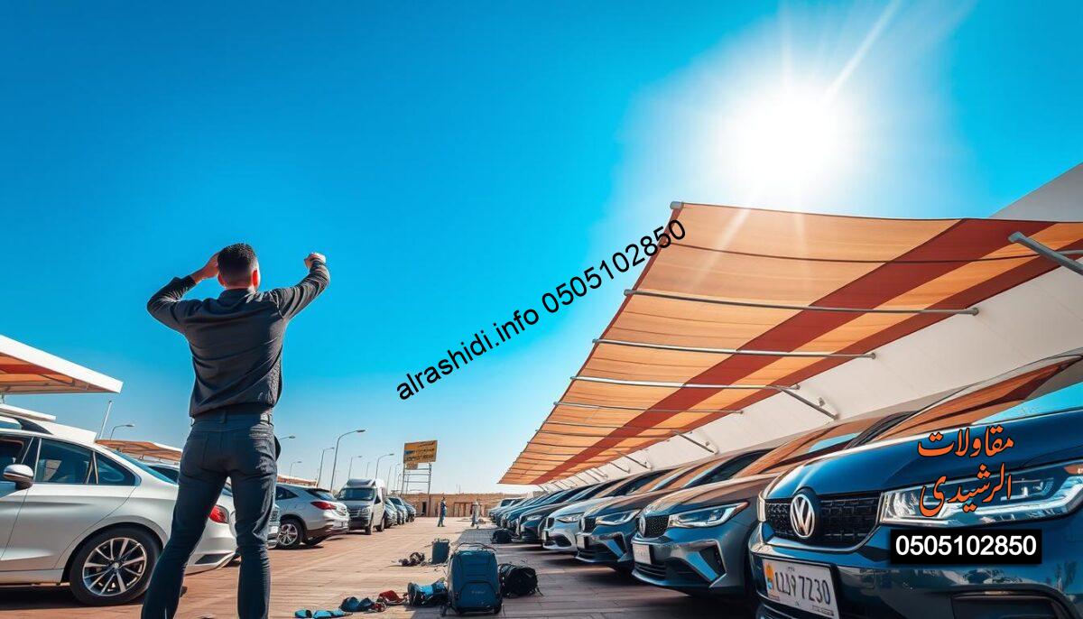 A vibrant scene showcasing the installation of car awnings in Riyadh, highlighting a team of professional installers dressed in smart casual attire. The foreground features two installers meticulously adjusting a striking, modern car awning, displaying a variety of colors and designs. The middle ground reveals a row of cars parked under partially completed awnings, with tools and equipment scattered around, indicating active work. The background includes a clear blue sky with bright sunlight illuminating the scene, emphasizing the quick installation process. Capture a sense of efficiency and professionalism in the atmosphere, with a slight lens flare from the sun adding warmth to the image.