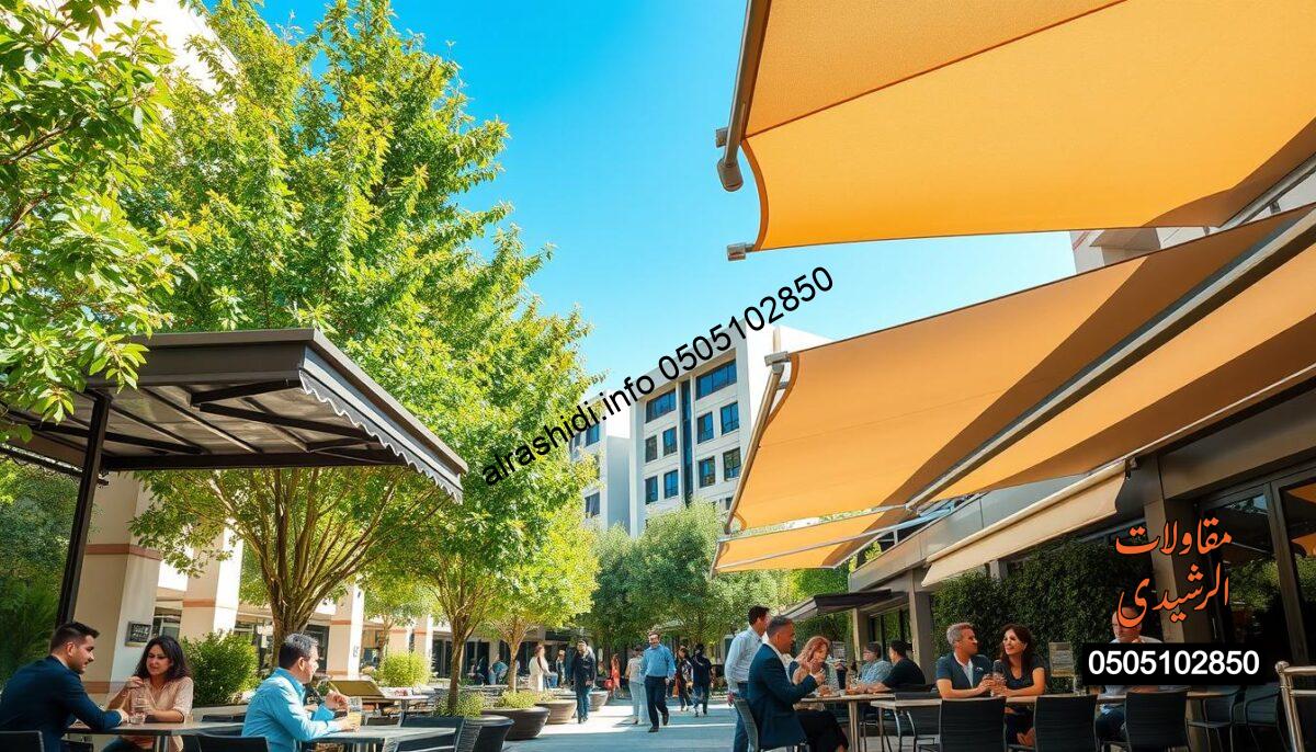 A vibrant street scene in the Al-Olaya neighborhood, showcasing a variety of modern, stylish sunshades elegantly installed over outdoor spaces. In the foreground, a well-designed café with sleek, shaded seating areas under colorful, high-quality awnings. People in professional attire enjoy refreshing drinks and converse, illustrating the community's lively atmosphere. In the middle ground, contemporary buildings are partially obscured by lush greenery, with sunlight streaming through the leaves, creating a warm, inviting glow. The background features a clear blue sky, enhancing the sense of openness and comfort. The mood is cheerful and welcoming, perfect for a bustling urban setting that emphasizes quality service and innovation in shade solutions. A vibrant street scene in the Al-Olaya neighborhood, showcasing a variety of modern, stylish sunshades elegantly installed over outdoor spaces. In the foreground, a well-designed café with sleek, shaded seating areas under colorful, high-quality awnings. People in professional attire enjoy refreshing drinks and converse, illustrating the community's lively atmosphere. In the middle ground, contemporary buildings are partially obscured by lush greenery, with sunlight streaming through the leaves, creating a warm, inviting glow. The background features a clear blue sky, enhancing the sense of openness and comfort. The mood is cheerful and welcoming, perfect for a bustling urban setting that emphasizes quality service and innovation in shade solutions.