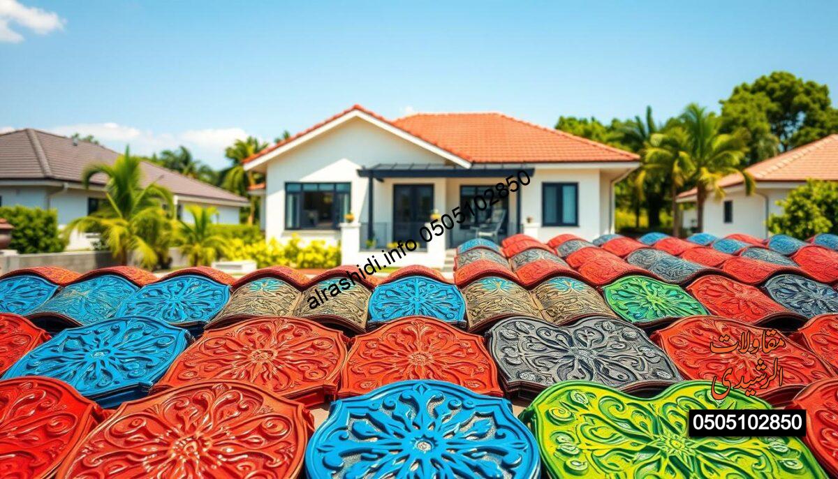 A visually striking image showcasing a colorful iron tile design specifically for villa roofs. In the foreground, display an array of vibrant, intricately patterned iron tiles—blue, red, and green, reflecting diverse design choices. In the middle ground, illustrate a beautifully constructed villa with a modern architectural style, complemented by the eye-catching iron tiles on the roof. The background features a serene neighborhood setting, with lush greenery and a clear blue sky. Soft, natural lighting enhances the vivid colors of the tiles, creating a bright and inviting atmosphere. Use a wide-angle lens for a comprehensive view of both the tiles and the villa, emphasizing the visual harmony between modern design and traditional materials.