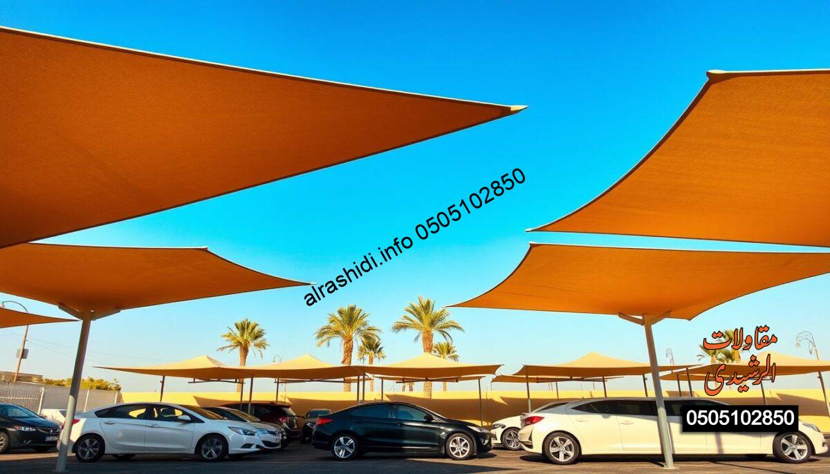 A vivid scene showcasing car canopies in South Riyadh, with a variety of cone-shaped car shades prominently displayed in the foreground. The canopies are made from durable materials, casting intricate shadows on the ground beneath. In the middle ground, neatly parked cars are protected from the sun, showcasing different colors and models, emphasizing the functional aspect of these structures. The background features a clear blue sky typical of Riyadh, with a few distant palm trees to enhance the local vibe. The lighting is bright and sunny, creating a warm atmosphere, and the angle captures the scene from a slightly elevated perspective, highlighting the arrangement of the car canopies. This image embodies both protection and style, ideal for a section on car shade types. A vivid scene showcasing car canopies in South Riyadh, with a variety of cone-shaped car shades prominently displayed in the foreground. The canopies are made from durable materials, casting intricate shadows on the ground beneath. In the middle ground, neatly parked cars are protected from the sun, showcasing different colors and models, emphasizing the functional aspect of these structures. The background features a clear blue sky typical of Riyadh, with a few distant palm trees to enhance the local vibe. The lighting is bright and sunny, creating a warm atmosphere, and the angle captures the scene from a slightly elevated perspective, highlighting the arrangement of the car canopies. This image embodies both protection and style, ideal for a section on car shade types.
