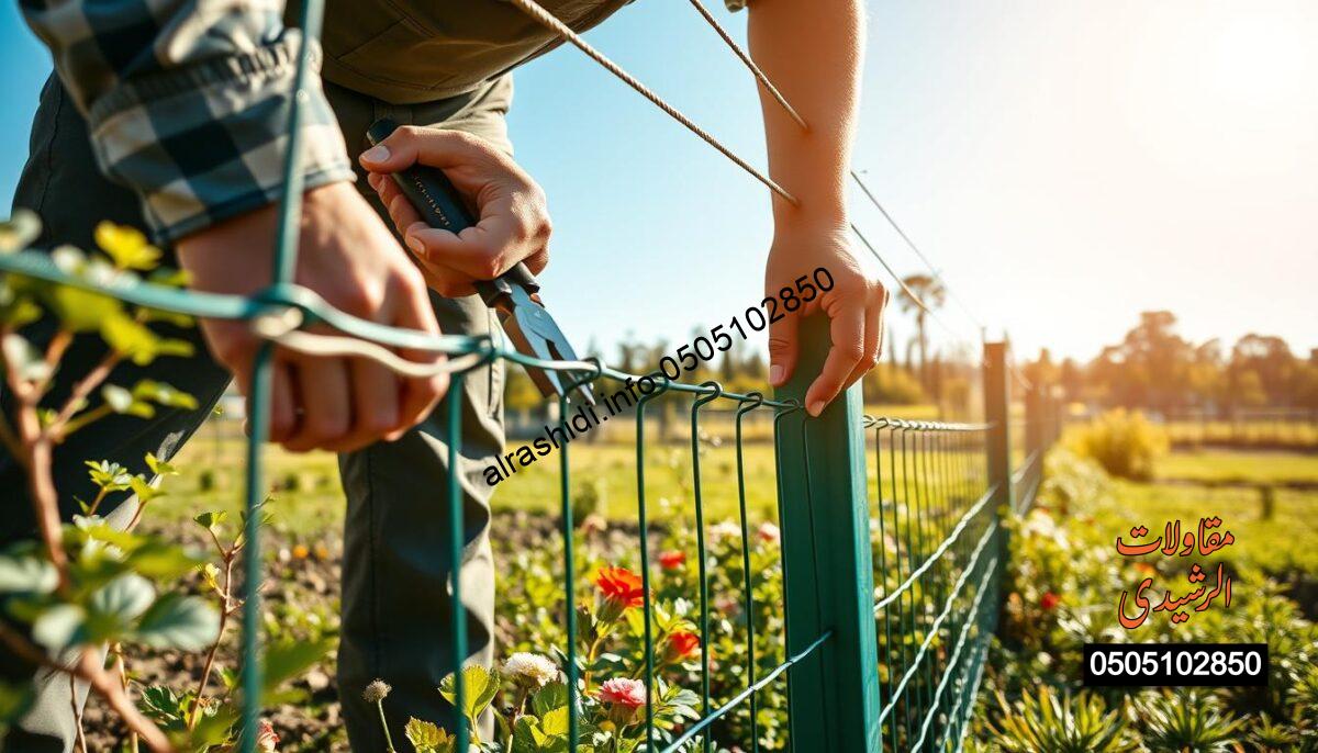 A well-maintained garden fence in a vibrant outdoor setting, showcasing a close-up view of a gardener diligently inspecting and repairing the fence, wearing professional work attire. In the foreground, focus on the gardener's hands fixing a section of the fence, with tools like pliers and wire in clear view. The middle ground features the sturdy, green garden fence with lush plants and flowers surrounding it, highlighting its role in ensuring the safety and aesthetics of the garden. In the background, depict a bright blue sky and distant trees under warm sunlight, creating a serene and industrious atmosphere. The overall mood should reflect diligence and care, emphasizing the importance of regular maintenance. A well-maintained garden fence in a vibrant outdoor setting, showcasing a close-up view of a gardener diligently inspecting and repairing the fence, wearing professional work attire. In the foreground, focus on the gardener's hands fixing a section of the fence, with tools like pliers and wire in clear view. The middle ground features the sturdy, green garden fence with lush plants and flowers surrounding it, highlighting its role in ensuring the safety and aesthetics of the garden. In the background, depict a bright blue sky and distant trees under warm sunlight, creating a serene and industrious atmosphere. The overall mood should reflect diligence and care, emphasizing the importance of regular maintenance.