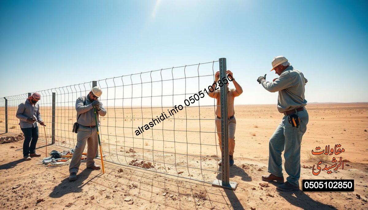 A wide-angle shot depicting the installation of agricultural fences in the outskirts of Riyadh. In the foreground, professional technicians in modest casual clothing are skillfully assembling robust metal fence posts, showcasing tools and materials typical for high-quality fencing work. The middle ground features a section of the fence partially completed, illustrating the strength and durability of the materials against the arid landscape. In the background, the vast desert terrain of Riyadh stretches into the horizon, under a bright blue sky. Soft, natural lighting highlights the scene, evoking a sense of professionalism and dedication. The atmosphere is dynamic yet calm, emphasizing the importance of security and sturdiness in agricultural practices. A wide-angle shot depicting the installation of agricultural fences in the outskirts of Riyadh. In the foreground, professional technicians in modest casual clothing are skillfully assembling robust metal fence posts, showcasing tools and materials typical for high-quality fencing work. The middle ground features a section of the fence partially completed, illustrating the strength and durability of the materials against the arid landscape. In the background, the vast desert terrain of Riyadh stretches into the horizon, under a bright blue sky. Soft, natural lighting highlights the scene, evoking a sense of professionalism and dedication. The atmosphere is dynamic yet calm, emphasizing the importance of security and sturdiness in agricultural practices.