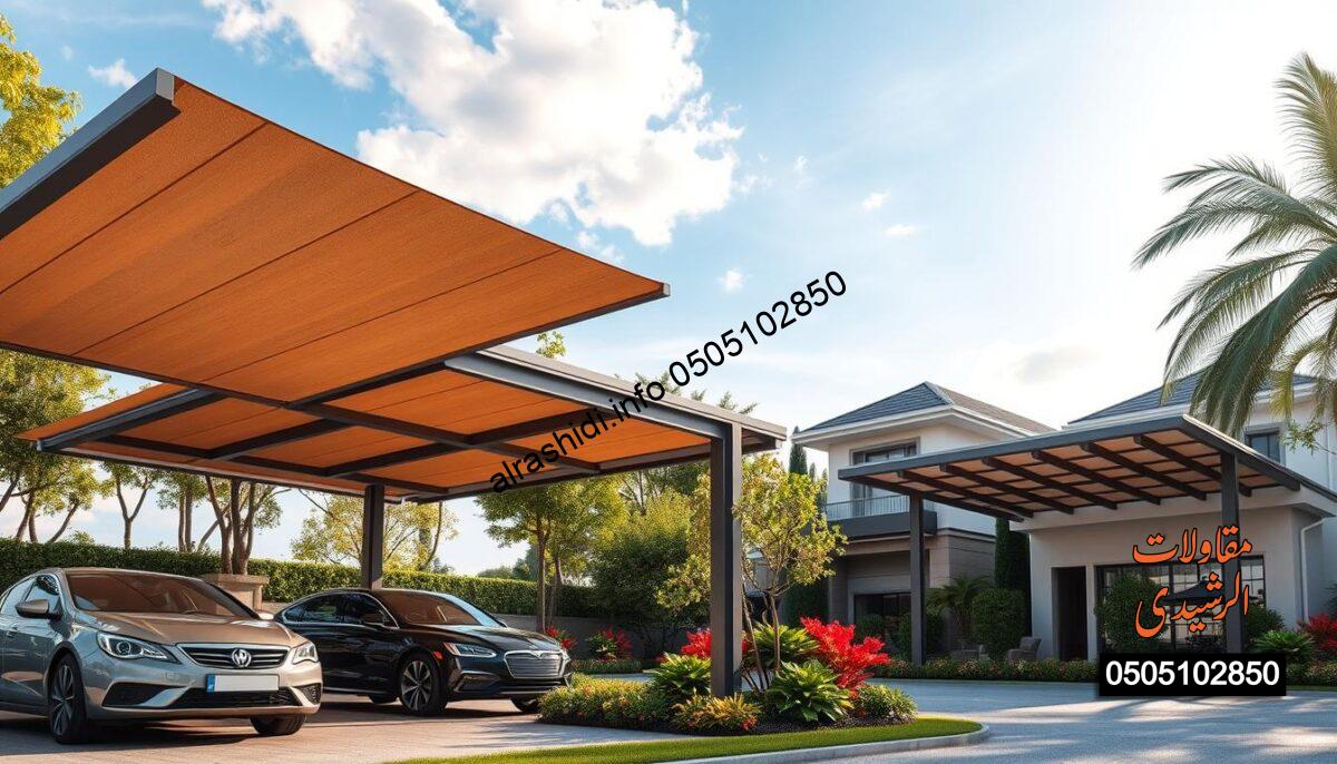 An elegant outdoor scene depicting various car and villa shade structures in a luxurious residential setting. In the foreground, showcase sturdy, stylish car canopies with a modern design, shaded over parked vehicles. In the middle ground, feature beautifully designed villa shades that complement the architecture, highlighting intricate detailing. Lush greenery and colorful flowering plants can be seen around the bases of the shades, enhancing the inviting atmosphere. The background should display a clear blue sky with soft, warm sunlight filtering through the trees, casting gentle shadows. Use a wide-angle lens perspective to capture the spaciousness and ensure the composition evokes a sense of tranquility and sophistication.