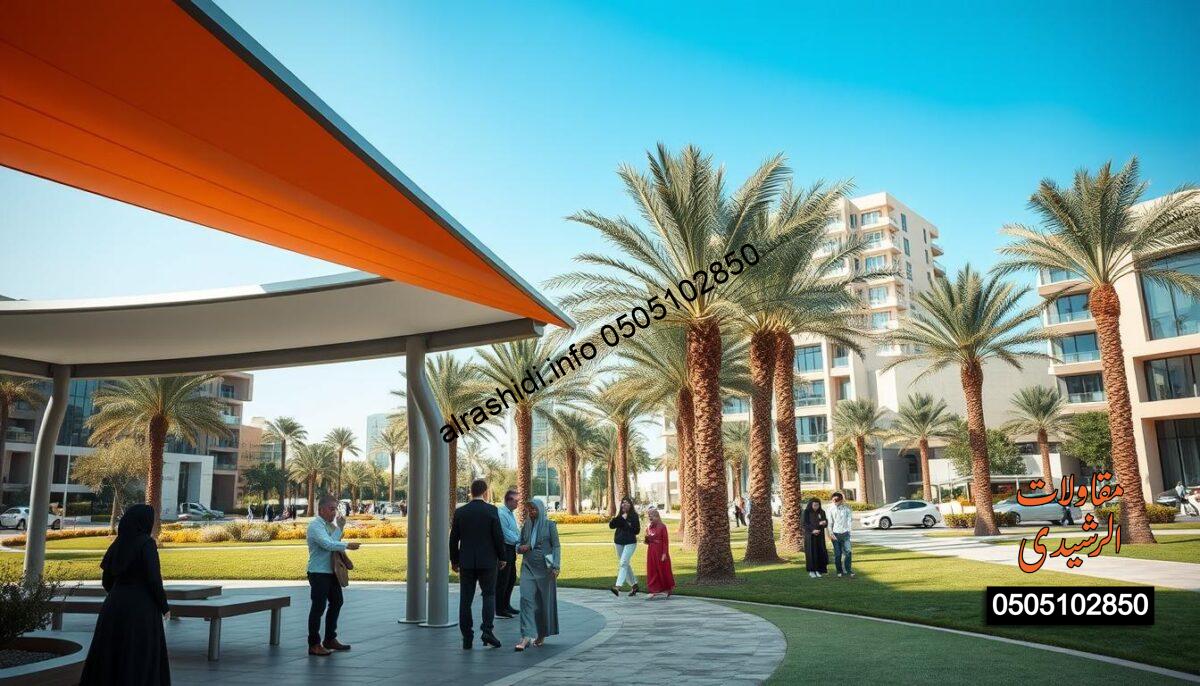 An innovative design of outdoor canopies in a modern urban setting, specifically showcasing the neighborhood of Al-Ulaya. In the foreground, a stylish canopy with sleek lines and vibrant colors, providing shade and comfort for residents enjoying leisure time. The middle ground features a contemporary park scene with families and individuals dressed in professional attire and modest casual clothing, interacting in a relaxed atmosphere. The background displays modern buildings and palm trees under a clear blue sky, depicting a warm climate. Soft, natural lighting enhances the vibrancy of the scene, while a wide-angle perspective captures the essence of community life. The overall mood is inviting and refreshing, emphasizing the functionality and aesthetic appeal of the canopies designed to match the local climate. An innovative design of outdoor canopies in a modern urban setting, specifically showcasing the neighborhood of Al-Ulaya. In the foreground, a stylish canopy with sleek lines and vibrant colors, providing shade and comfort for residents enjoying leisure time. The middle ground features a contemporary park scene with families and individuals dressed in professional attire and modest casual clothing, interacting in a relaxed atmosphere. The background displays modern buildings and palm trees under a clear blue sky, depicting a warm climate. Soft, natural lighting enhances the vibrancy of the scene, while a wide-angle perspective captures the essence of community life. The overall mood is inviting and refreshing, emphasizing the functionality and aesthetic appeal of the canopies designed to match the local climate.