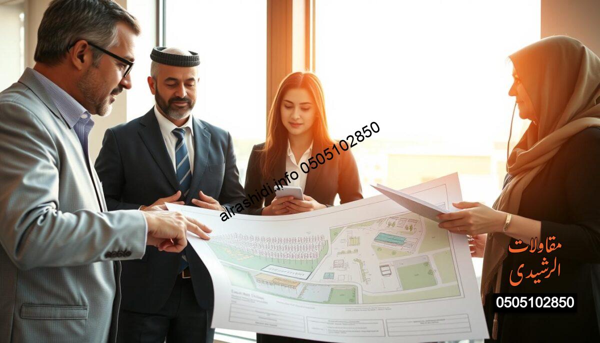 An inviting scene in a professional consultation setting, featuring a diverse group of individuals engaged in a discussion about polycarbonate canopies. In the foreground, a middle-aged male consultant wearing professional business attire gestures towards a detailed blueprint of a school campus covered with Lexan canopies. In the middle, a young woman, also in business attire, takes notes, while a slightly older woman, dressed in modest casual clothing, examines the plans closely. In the background, a window showcases a bright, sunny day, illuminating the room with warm, natural light. The atmosphere is collaborative and positive, emphasizing openness and the exchange of ideas regarding the benefits of polycarbonate structures in East Riyadh educational institutions. An inviting scene in a professional consultation setting, featuring a diverse group of individuals engaged in a discussion about polycarbonate canopies. In the foreground, a middle-aged male consultant wearing professional business attire gestures towards a detailed blueprint of a school campus covered with Lexan canopies. In the middle, a young woman, also in business attire, takes notes, while a slightly older woman, dressed in modest casual clothing, examines the plans closely. In the background, a window showcases a bright, sunny day, illuminating the room with warm, natural light. The atmosphere is collaborative and positive, emphasizing openness and the exchange of ideas regarding the benefits of polycarbonate structures in East Riyadh educational institutions.