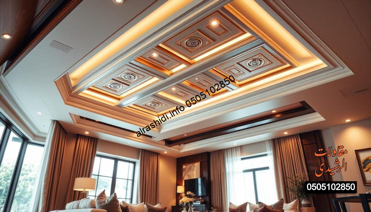 Modern home ceilings in a stylish interior setting, showcasing elegant design elements such as wooden beams, decorative molding, and recessed lighting. The foreground features a cozy living room with plush furniture and contemporary decor, creating an inviting atmosphere. In the middle, a beautifully crafted ceiling with intricate patterns and soft ambient lighting enhances the overall sophistication. The background includes a large window with natural light streaming in, illuminating the space and casting gentle shadows. The mood is warm and welcoming, illustrating an upscale residential environment that reflects quality and luxury. The composition should capture a slightly elevated angle to emphasize the ceiling's architectural details without any text or distractions.