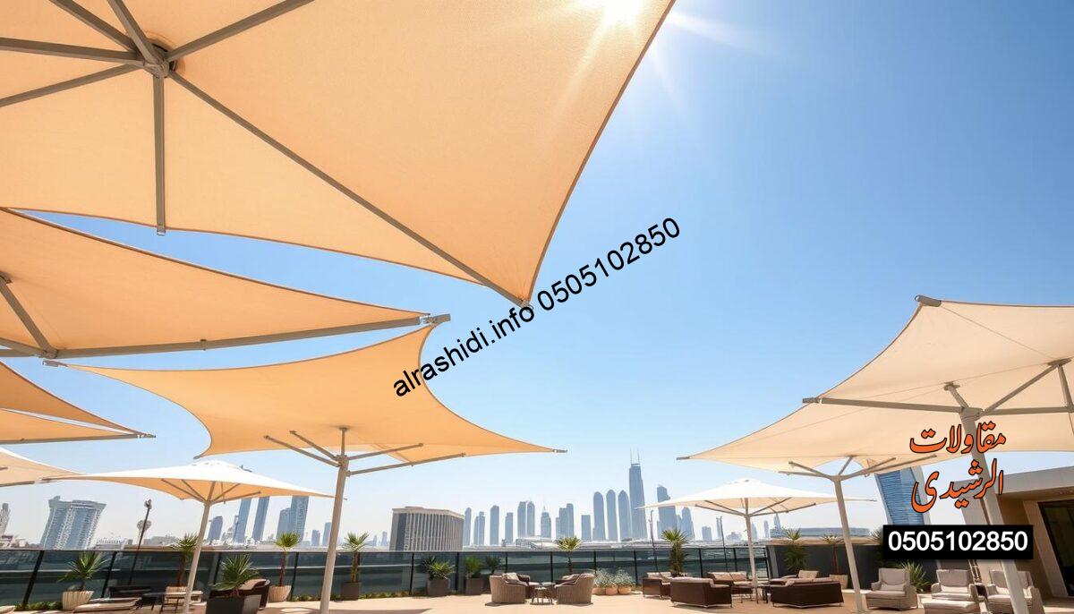 Modern shade structures designed for the hot climate of Riyadh, featuring sleek, contemporary lines and durable materials. The foreground showcases a variety of innovative umbrella designs in shades of beige, gray, and white, strategically arranged to provide maximum shade and comfort. The middle ground reveals a stylish outdoor space with comfortable seating areas, adorned with decorative accents suited to a desert environment. The background includes elements of Riyadh's skyline under a clear blue sky, emphasizing the juxtaposition of modern architecture with traditional elements. Bright sunlight filters through the transparent material of the shades, creating dappled shadows on the ground. The atmosphere is relaxed and inviting, reflecting the perfect balance of functionality and aesthetics. Modern shade structures designed for the hot climate of Riyadh, featuring sleek, contemporary lines and durable materials. The foreground showcases a variety of innovative umbrella designs in shades of beige, gray, and white, strategically arranged to provide maximum shade and comfort. The middle ground reveals a stylish outdoor space with comfortable seating areas, adorned with decorative accents suited to a desert environment. The background includes elements of Riyadh's skyline under a clear blue sky, emphasizing the juxtaposition of modern architecture with traditional elements. Bright sunlight filters through the transparent material of the shades, creating dappled shadows on the ground. The atmosphere is relaxed and inviting, reflecting the perfect balance of functionality and aesthetics.